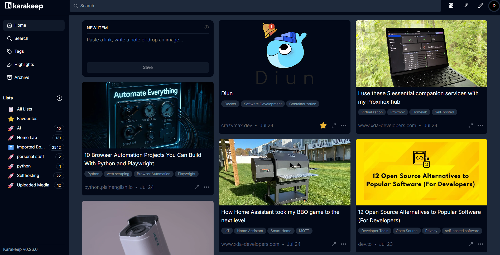 screenshot of karakeep